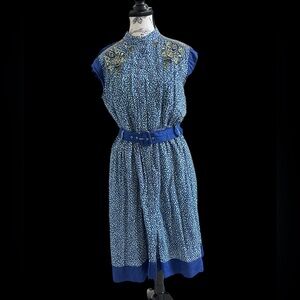 Derhy Rene Derhy Blue Beaded Belted Midi Shirt Dress M Boho Modal Button Front